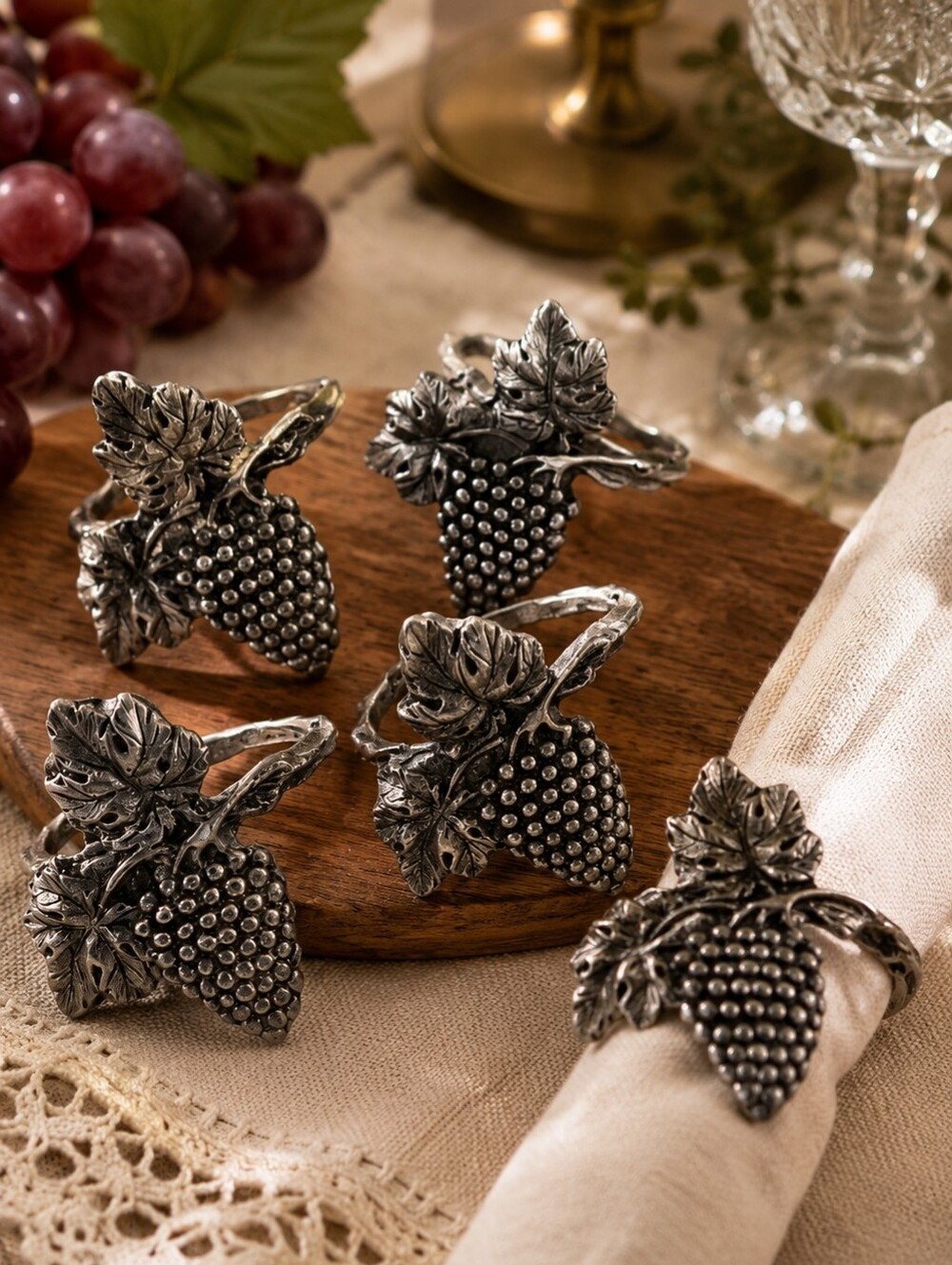 Vintage Pewter Grape Cluster Napkin Rings Set of 5 Vineyard Wine Country Decor